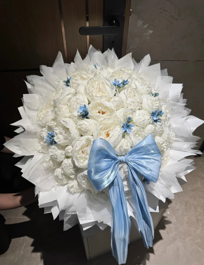 Blue and White Artificial Peony Bouquet 52 flowers