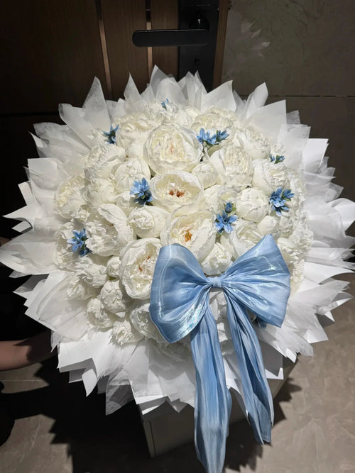 Blue and White Artificial Peony Bouquet 52 flowers