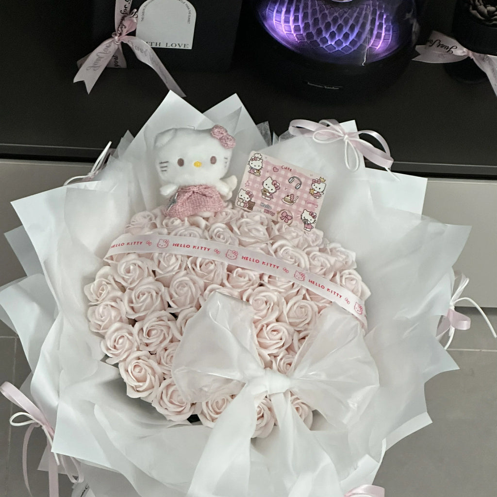 Kitty Cat Plush Toy with Light Pink Rose-Scented Soap Bouquet
