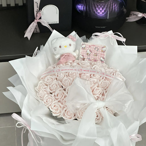 Kitty Cat Plush Toy with Light Pink Rose-Scented Soap Bouquet