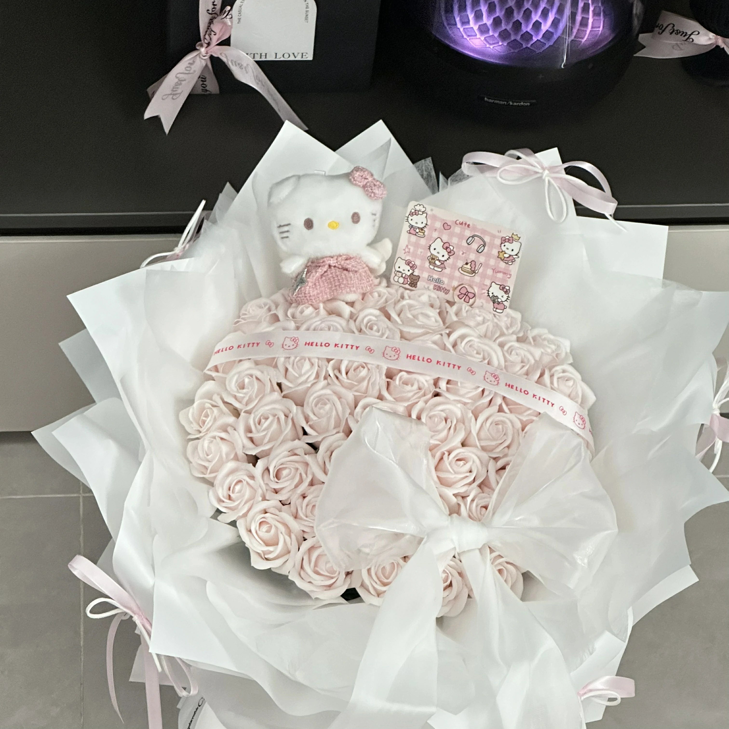 Kitty Cat Plush Toy with Light Pink Rose-Scented Soap Bouquet