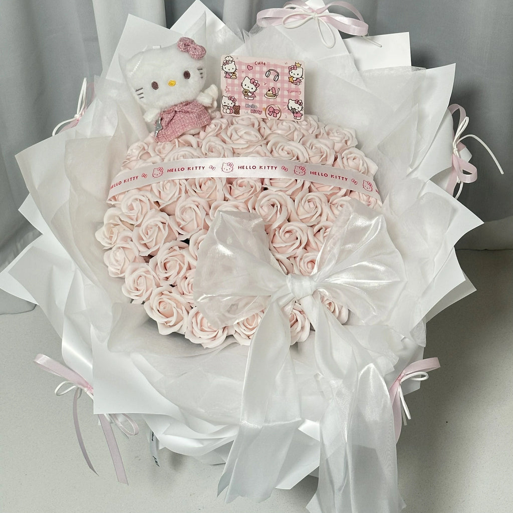 Kitty Cat Plush Toy with Light Pink Rose-Scented Soap Bouquet