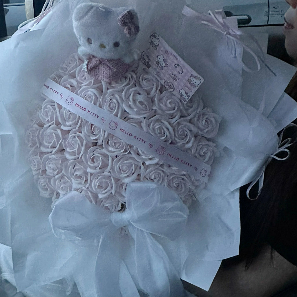 Kitty Cat Plush Toy with Light Pink Rose-Scented Soap Bouquet