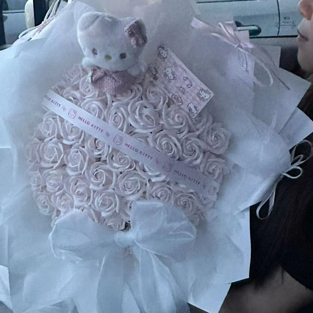 Kitty Cat Plush Toy with Light Pink Rose-Scented Soap Bouquet