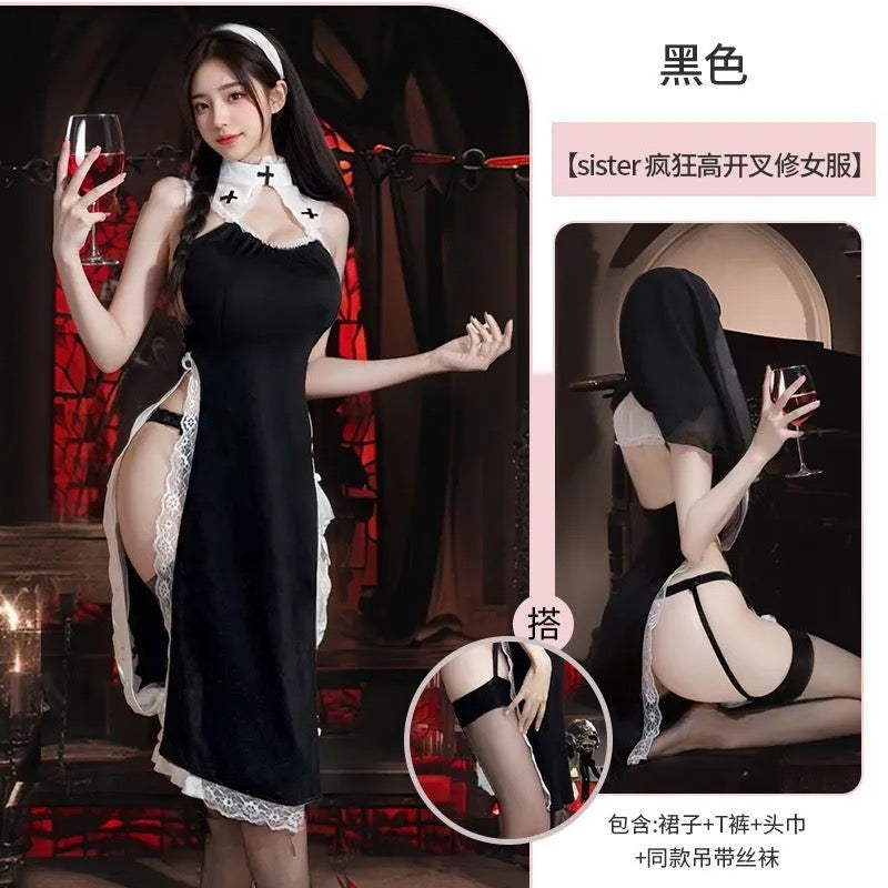 大码修女情趣制服性感免脱角色扮演镂空诱惑火辣蕾丝睡裙套装睡衣